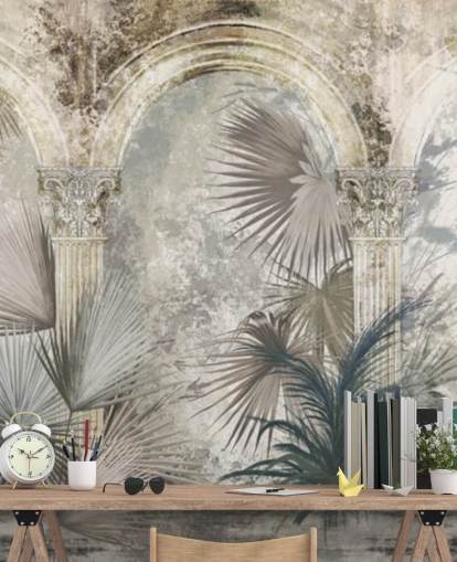 papel pintado de plantas tropicales y pilares antiguos gris oscuro