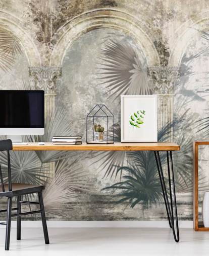 papel pintado de plantas tropicales y pilares antiguos gris oscuro papel pintado de plantas tropicales y pilares antiguos gris oscuro