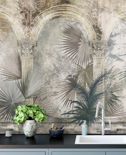 dark grey tropical plants and ancient pillars wallpaper