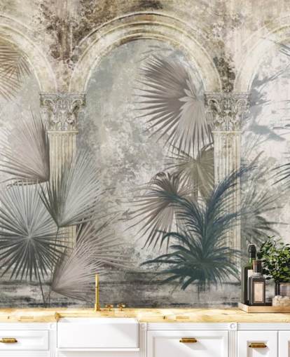 dark grey tropical plants and ancient pillars wallpaper