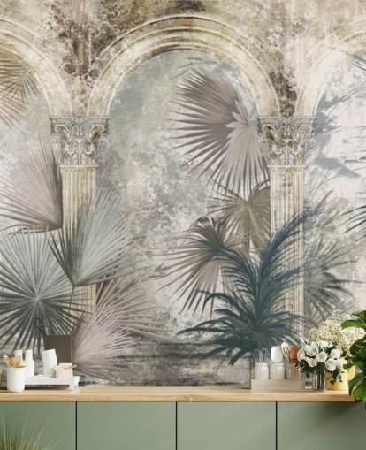 papel pintado de plantas tropicales y pilares antiguos gris oscuro papel pintado de plantas tropicales y pilares antiguos gris oscuro