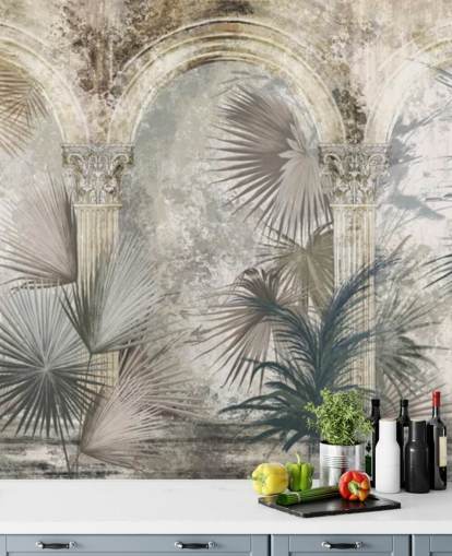 papel pintado de plantas tropicales y pilares antiguos gris oscuro