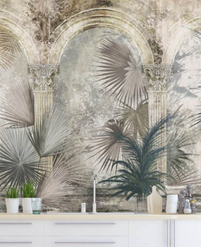 fond d'écran gris foncé plantes tropicales et anciens piliers