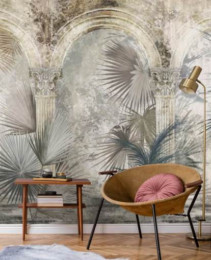 papel pintado de plantas tropicales y pilares antiguos gris oscuro