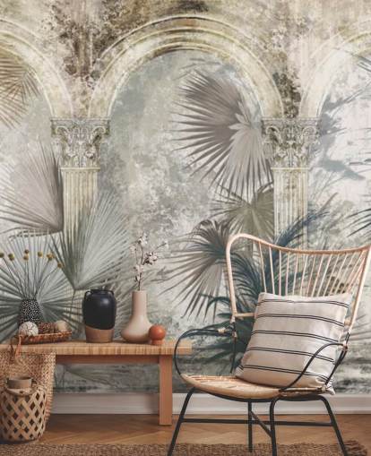 papel pintado de plantas tropicales y pilares antiguos gris oscuro