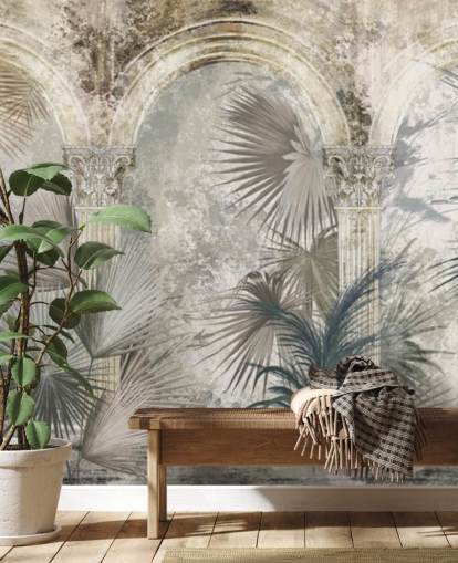 fond d'écran gris foncé plantes tropicales et anciens piliers