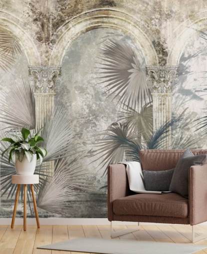 papel pintado de plantas tropicales y pilares antiguos gris oscuro