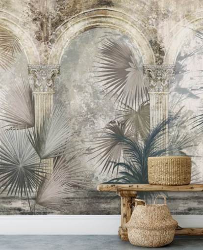 papel pintado de plantas tropicales y pilares antiguos gris oscuro