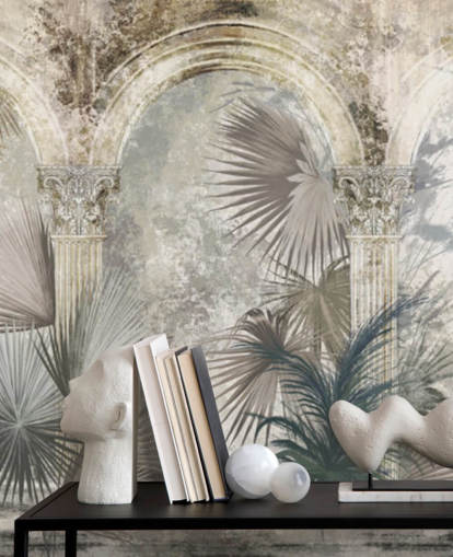 papel pintado de plantas tropicales y pilares antiguos gris oscuro
