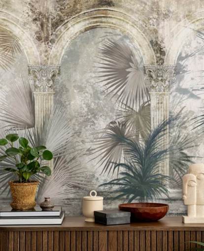 plantas tropicais cinza escuro e pilares antigos papel de parede