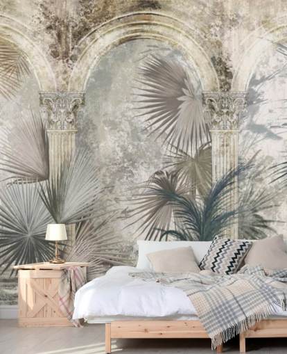 papel pintado de plantas tropicales y pilares antiguos gris oscuro
