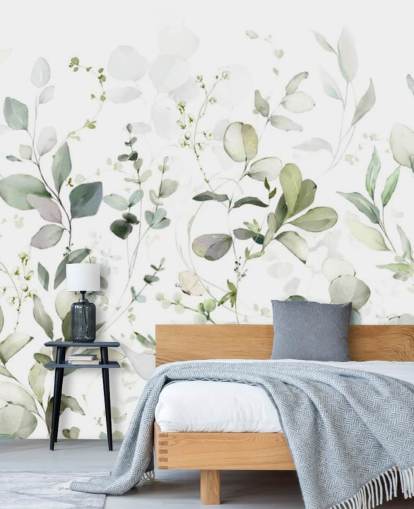 papier peint mural botanique vert et blanc appelé Growing Herbs at Wallsauce pour les cuisines et les salons