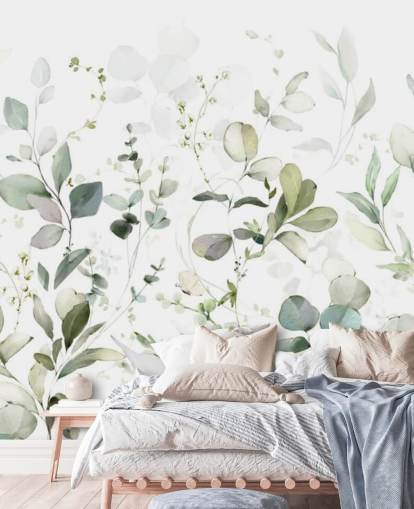 groen-witte botanische behangmuurschildering genaamd Growing Herbs at Wallsauce voor keukens en woonkamers