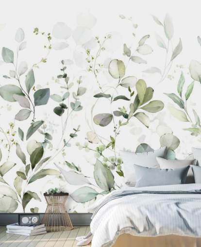 mural de papel pintado botánico verde y blanco llamado Growing Herbs at Wallsauce para cocinas y salas de estar mural de papel pintado botánico verde y blanco llamado Growing Herbs at Wallsauce para cocinas y salas de estar