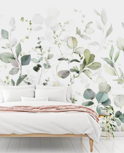 mural de papel pintado botánico verde y blanco llamado Growing Herbs at Wallsauce para cocinas y salas de estar