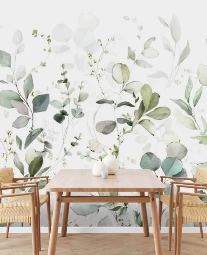 green and white botanical wallpaper mural called Growing Herbs at Wallsauce for kitchens and living rooms