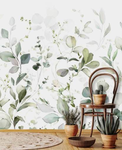green and white botanical wallpaper mural called Growing Herbs at Wallsauce for kitchens and living rooms
