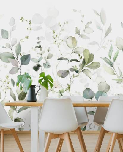groen-witte botanische behangmuurschildering genaamd Growing Herbs at Wallsauce voor keukens en woonkamers groen-witte botanische behangmuurschildering genaamd Growing Herbs at Wallsauce voor keukens en woonkamers