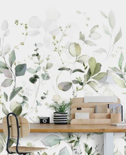 Grün-weißes botanisches Tapeten-Wandbild mit dem Titel Growing Herbs at Wallsauce für Küchen und Wohnzimmer