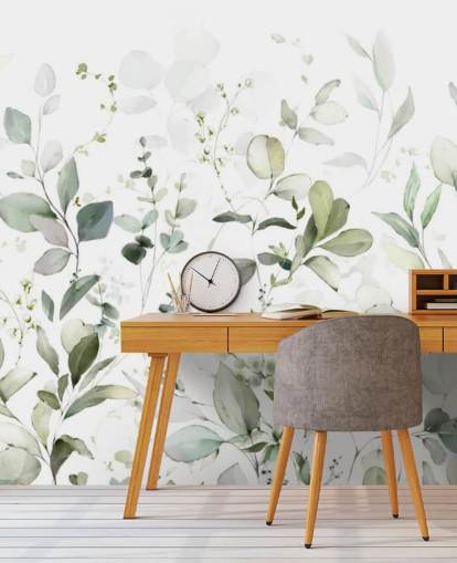 mural de papel de parede botânico verde e branco chamado Growing Herbs at Wallsauce para cozinhas e salas de estar