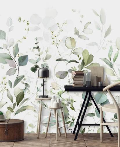 mural de papel pintado botánico verde y blanco llamado Growing Herbs at Wallsauce para cocinas y salas de estar