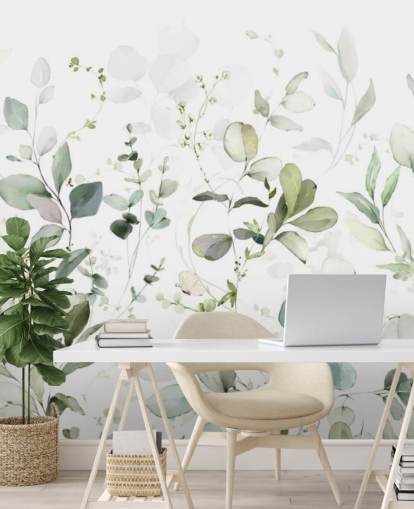 groen-witte botanische behangmuurschildering genaamd Growing Herbs at Wallsauce voor keukens en woonkamers