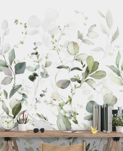 green and white botanical wallpaper mural called Growing Herbs at Wallsauce for kitchens and living rooms