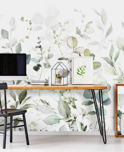 papier peint mural botanique vert et blanc appelé Growing Herbs at Wallsauce pour les cuisines et les salons