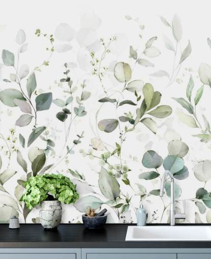 carta da parati murale botanica verde e bianca chiamata Growing Herbs at Wallsauce per cucine e salotti