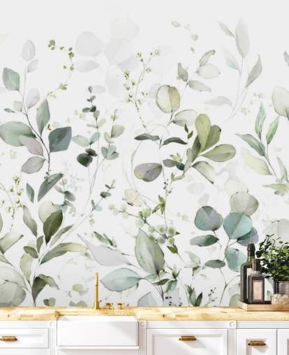 mural de papel de parede botânico verde e branco chamado Growing Herbs at Wallsauce para cozinhas e salas de estar