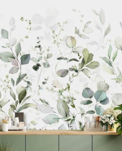 grønt og hvitt botanisk tapetmaleri kalt Growing Herbs at Wallsauce for kjøkken og stuer