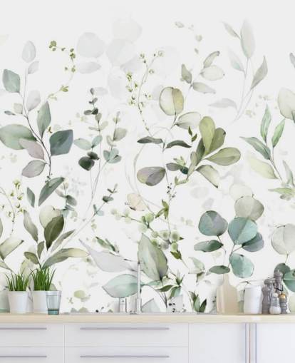 papier peint mural botanique vert et blanc appelé Growing Herbs at Wallsauce pour les cuisines et les salons papier peint mural botanique vert et blanc appelé Growing Herbs at Wallsauce pour les cuisines et les salons