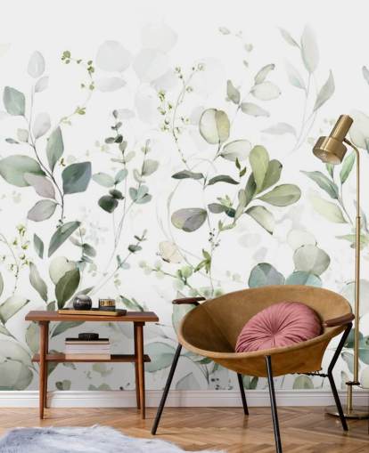 groen-witte botanische behangmuurschildering genaamd Growing Herbs at Wallsauce voor keukens en woonkamers groen-witte botanische behangmuurschildering genaamd Growing Herbs at Wallsauce voor keukens en woonkamers