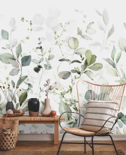 green and white botanical wallpaper mural called Growing Herbs at Wallsauce for kitchens and living rooms