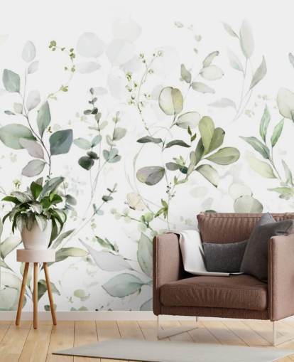 mural de papel de parede botânico verde e branco chamado Growing Herbs at Wallsauce para cozinhas e salas de estar