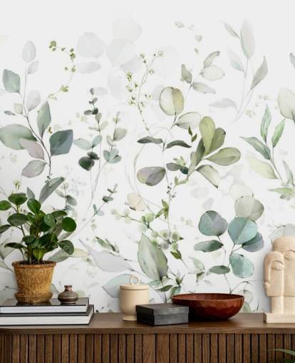 mural de papel pintado botánico verde y blanco llamado Growing Herbs at Wallsauce para cocinas y salas de estar