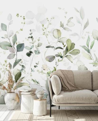 Grün-weißes botanisches Tapeten-Wandbild mit dem Titel Growing Herbs at Wallsauce für Küchen und Wohnzimmer