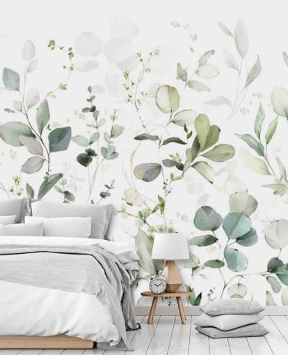 mural de papel de parede botânico verde e branco chamado Growing Herbs at Wallsauce para cozinhas e salas de estar