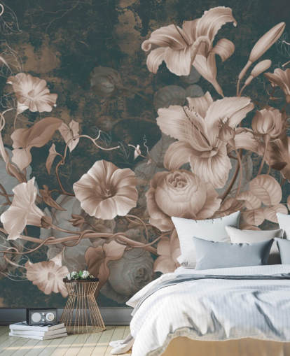 dusty pink flowers against dark background wallpaper