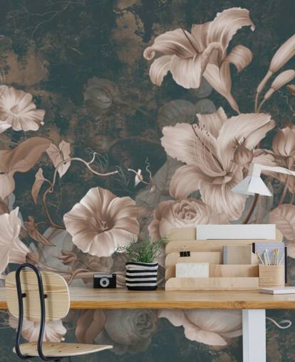 dammiga rosa blommor mot mörk bakgrund tapet