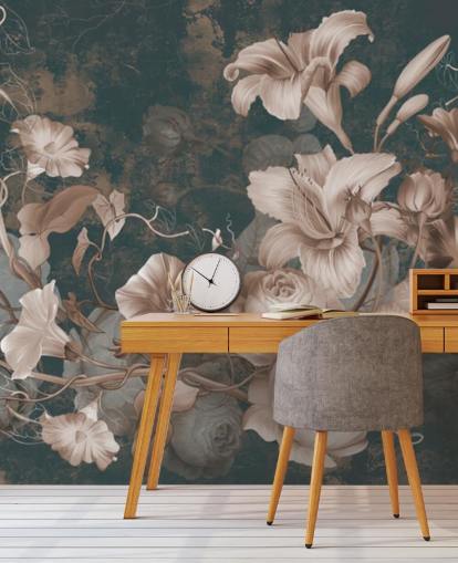 dusty pink flowers against dark background wallpaper