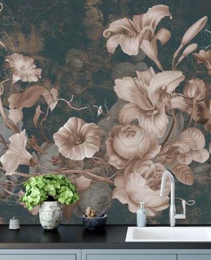 dusty pink flowers against dark background wallpaper