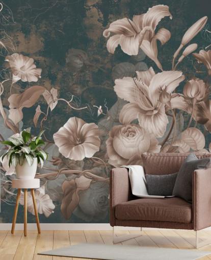 stoffige roze bloemen tegen donkere achtergrondbehang