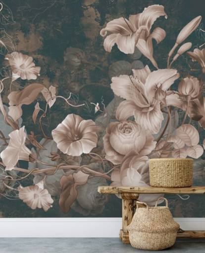 dusty pink flowers against dark background wallpaper