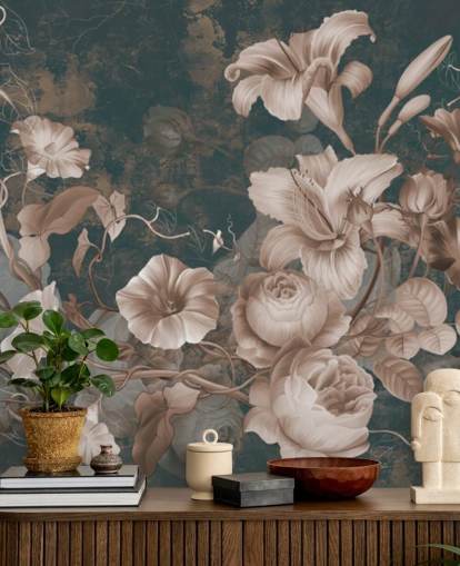 støvede lyserøde blomster mod mørk baggrund tapet