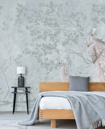 white peacocks against duck egg blue chinoiserie wallpaper