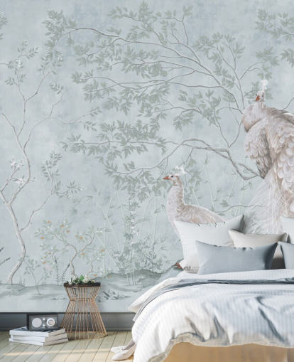 vita påfåglar mot anka ägg blå chinoiserie tapet vita påfåglar mot anka ägg blå chinoiserie tapet