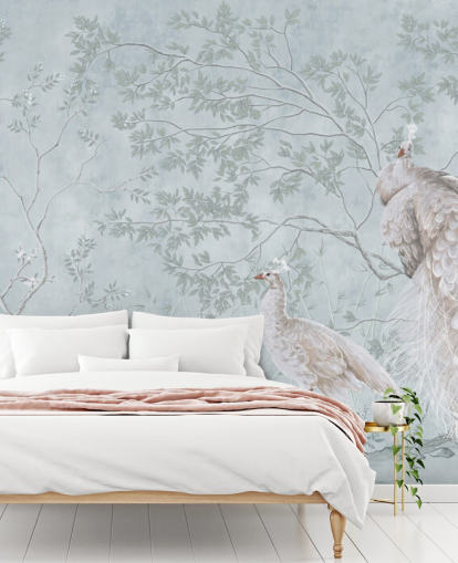 paons blancs contre fond d'écran chinoiserie bleu canard