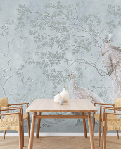 hvite påfugler mot duck egg blå chinoiserie tapet hvite påfugler mot duck egg blå chinoiserie tapet