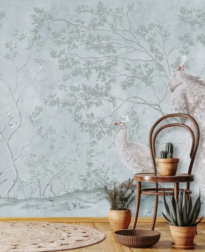 weiße Pfauen gegen Ente, Ei, blaue Chinoiserie-Tapete weiße Pfauen gegen Ente, Ei, blaue Chinoiserie-Tapete